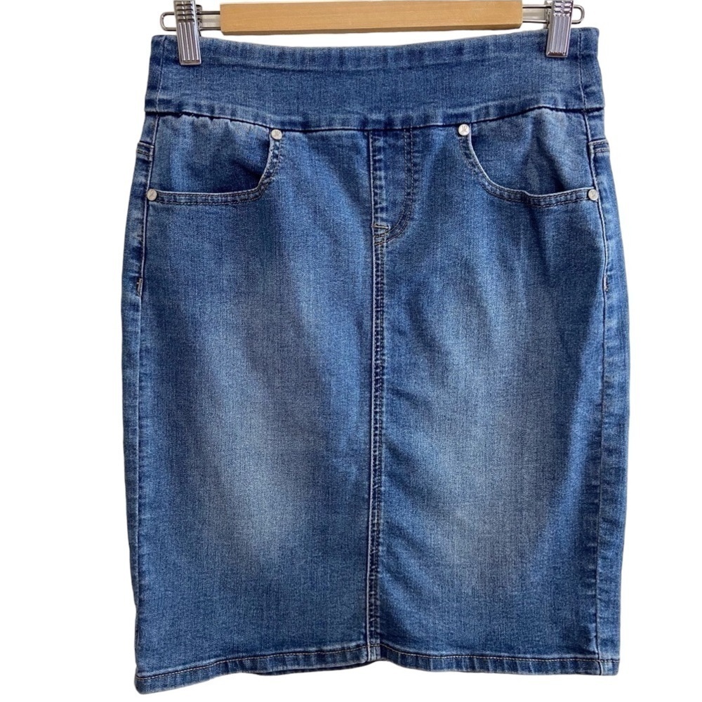 JOSEPH Ribkoff denim mini skirt pull on stretchy soft bodycon blue jeans size 4